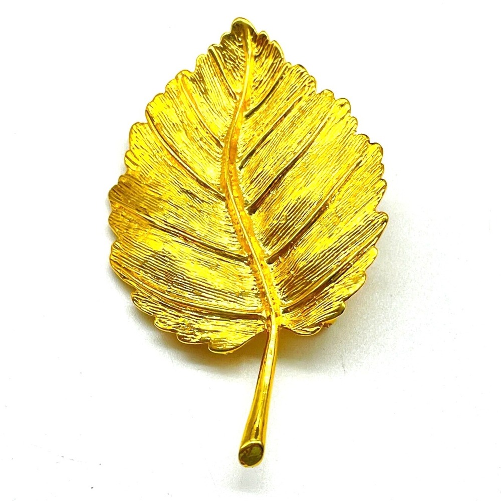 Vintage Anne Klein Gold Tone Textured Leaf Brooch Pin Signed Nature Jewelry